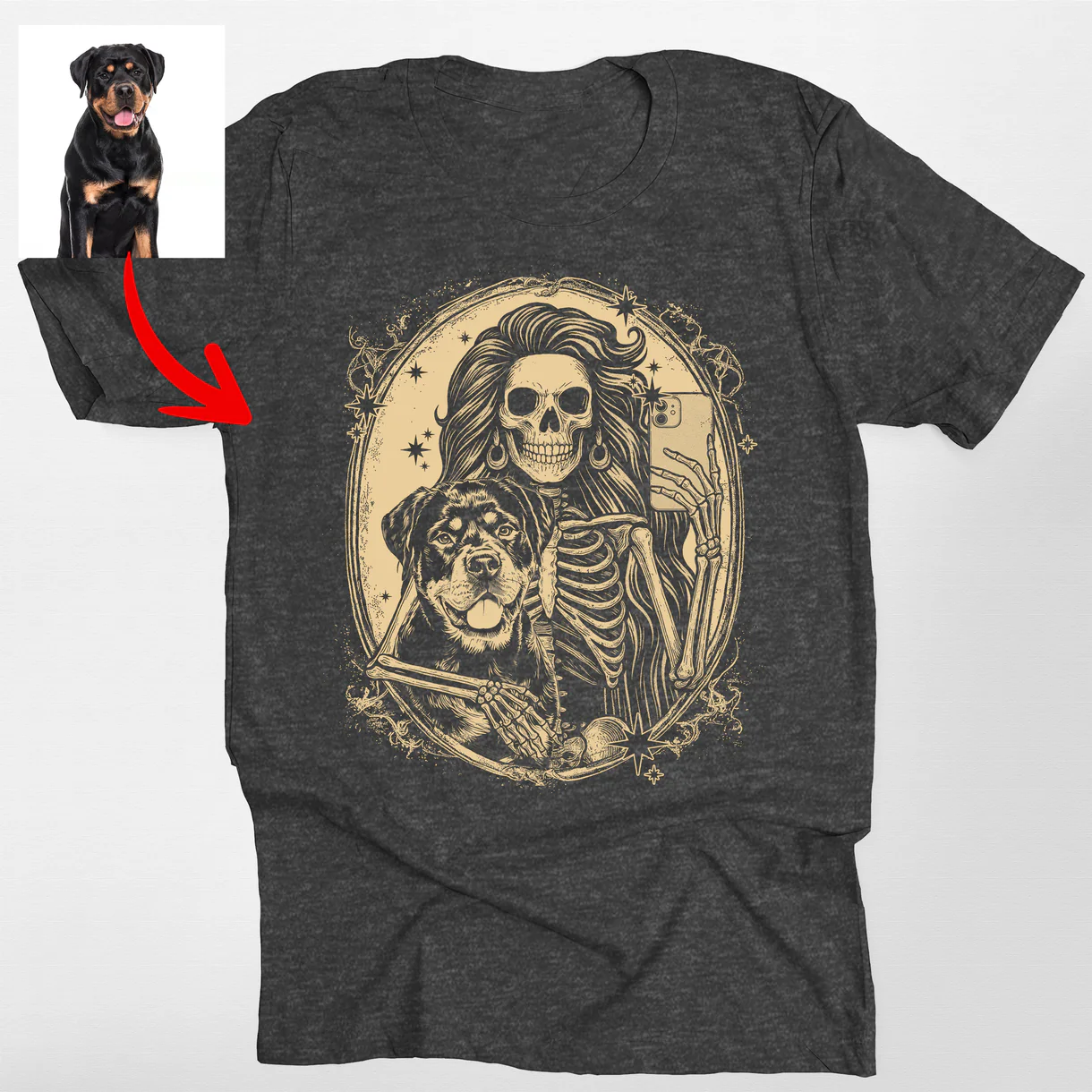 Custom Dog And Skeleton Bella T-Shirt For Dog Mom